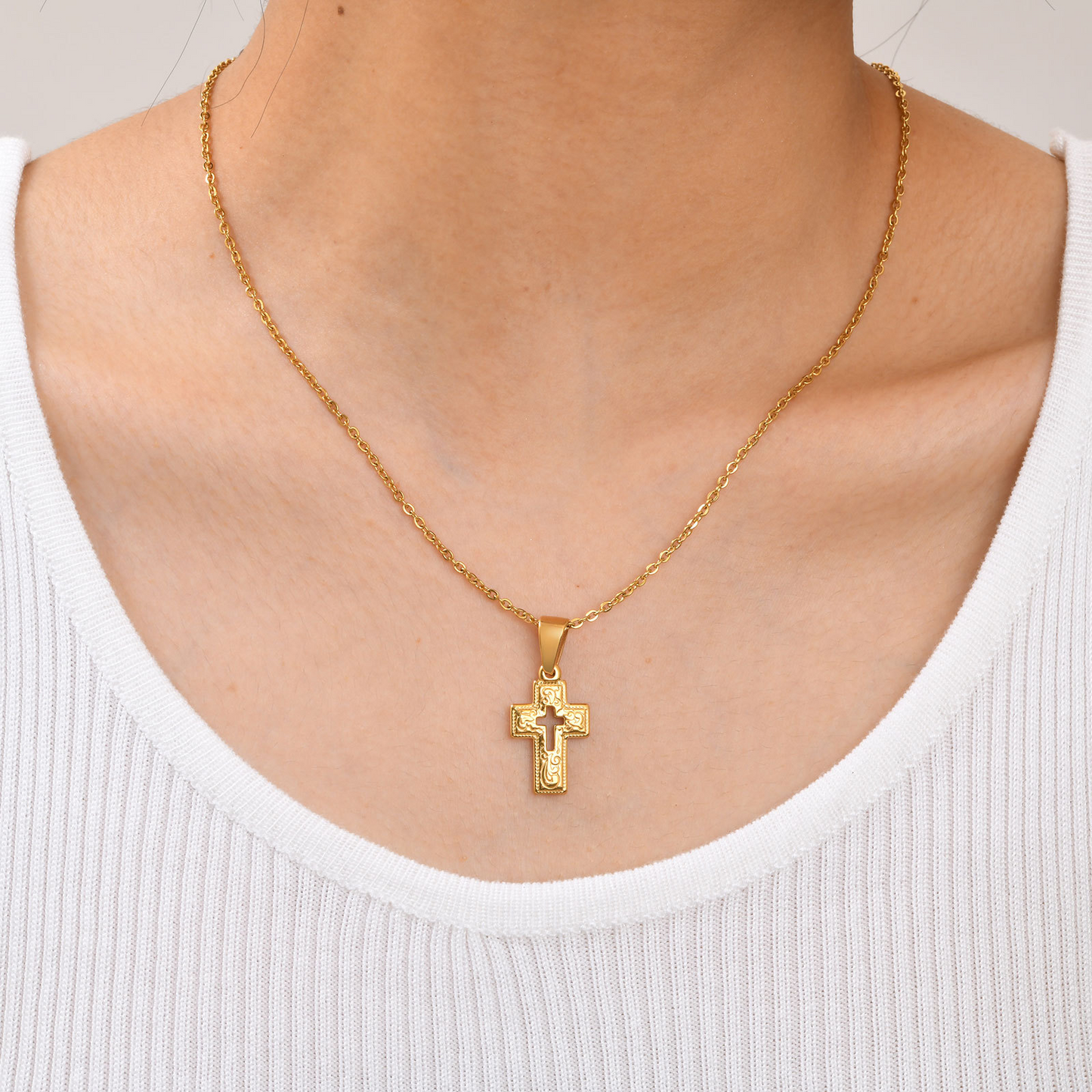 Kemstone Gold-Plated Stainless Steel Cross Pendant Necklace – Vintage Relief Style for Men & Women PN2009