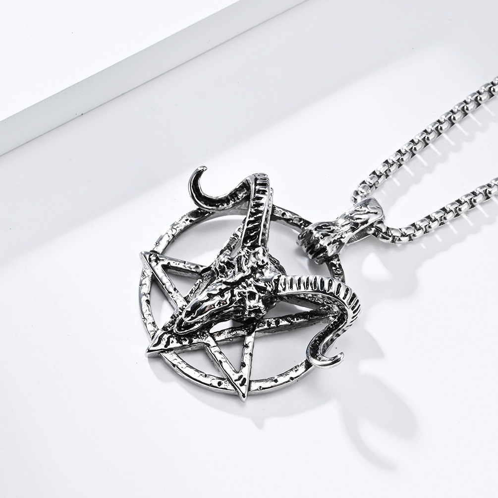 Kemstone Stainless Steel Goat Skull Pentagram Pendant Necklace – Gothic Vintage Design K-PT514