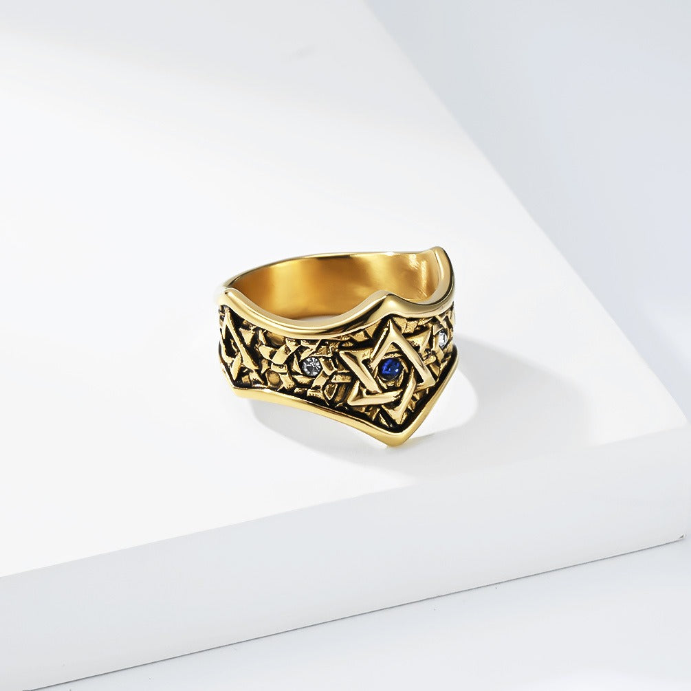 Kemstone Stainless Steel Hexagram Signet Ring for Men Cubic Zirconia Silver Gold Black K-R1152