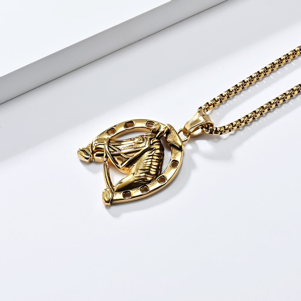 Kemstone Men’s Stainless Steel Horse Head Horseshoe Necklace – Gold/Silver K-PT606