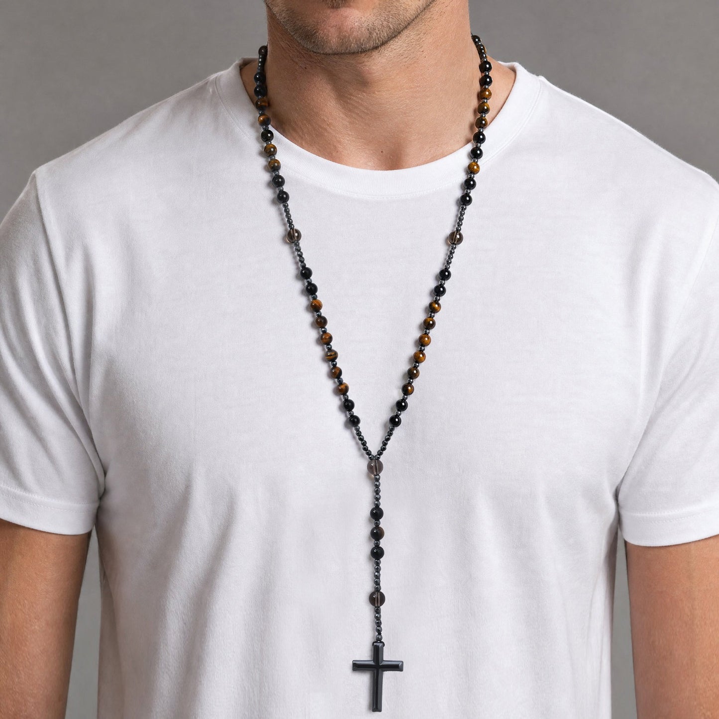 Kemstone Tiger Eye Beaded Cross Necklace for Men Lava Stone Stainless Steel Pendant NC-3017