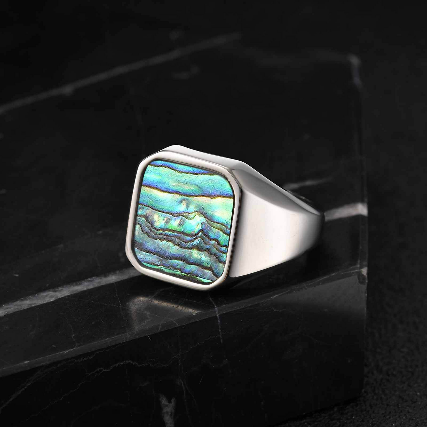 Kemstone Stainless Steel Abalone Shell Signet Ring – Natural Inlay Style for Men & Women RC-207