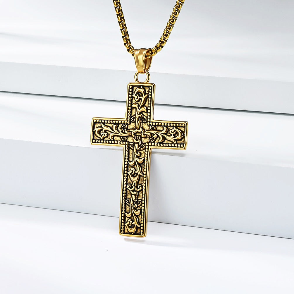 Kemstone Vintage Floral Engraved Cross Stainless Steel Pendant Necklace for Men K-PT703