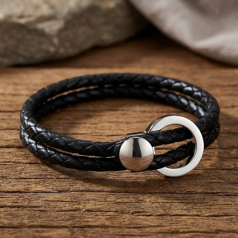 Kemstone Double Wrap Leather Bracelet for Men Titanium Steel Circle Clasp KB213788-GC