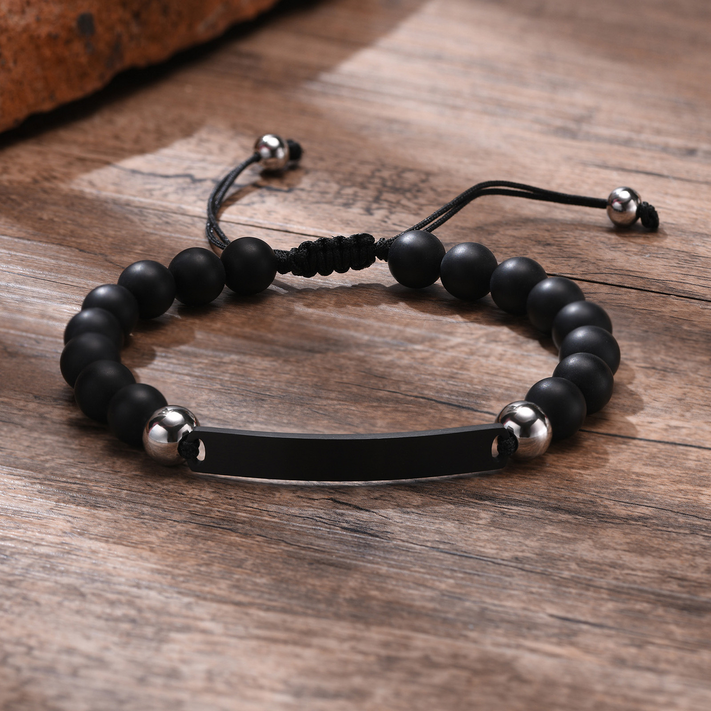 Kemstone Curved Bar Black Onyx Beaded Bracelet for Men – Adjustable Nylon Cord BR-610