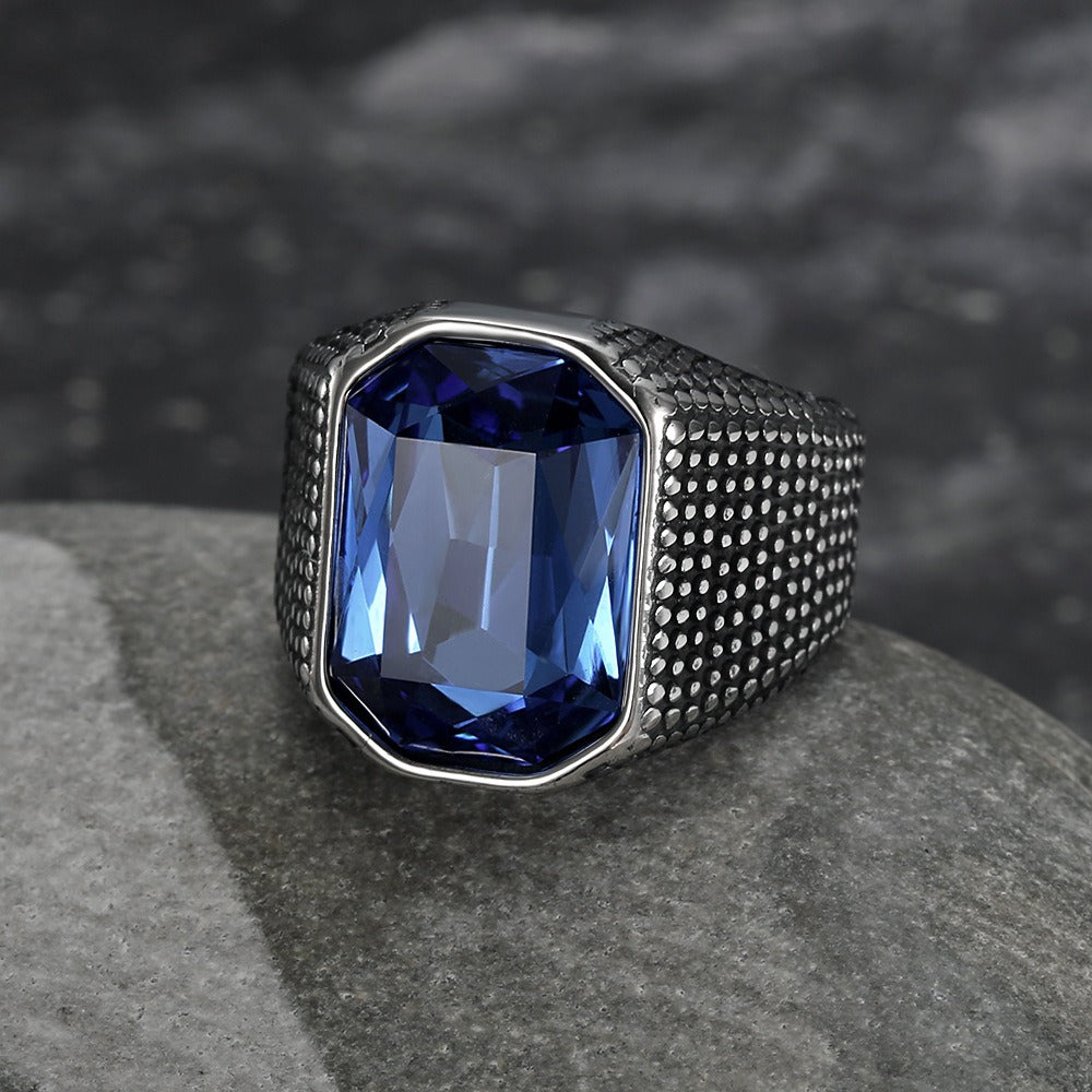 Kemstone Hip-hop Retro Distressed Zircon Men's Ring - Wide Band Stainless Steel Edgy Single Statement Piece TR0441
