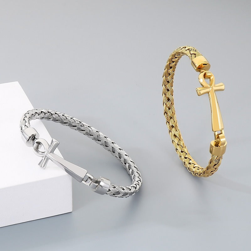 Kemstone Titanium Steel Braided Cuff Bracelet for Men Ankh Cross Clasp Gold Silver KB212793-KFC
