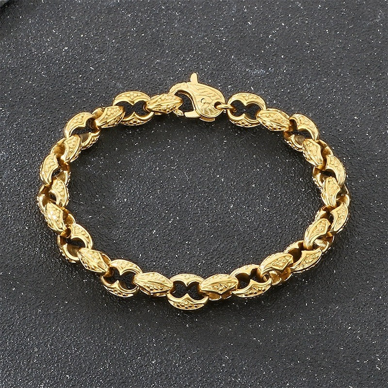Kemstone Coffee Bean Chain Bracelet for Men Titanium Steel Textured Link Gold Silver KB184382-KJX
