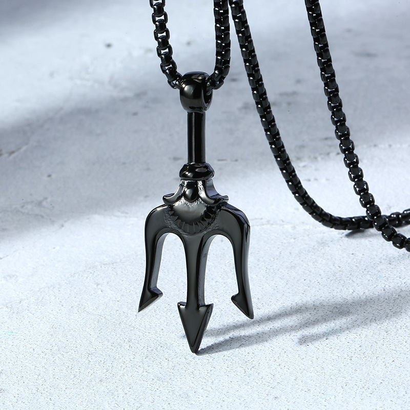 Kemstone Trident Pendant Necklace for Men Stainless Steel Vertical Symbol Gold Silver Black PN-1176
