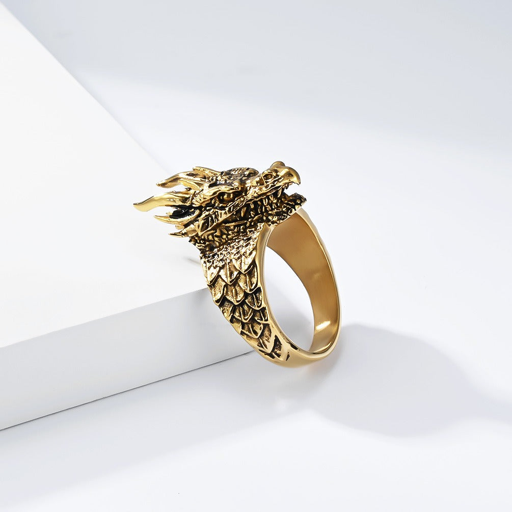 Kemstone Stainless Steel Dragon Head Ring – Gothic Vintage Style for Men K-R1150