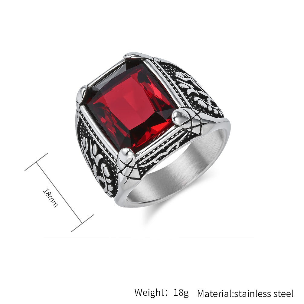 Kemstone Men’s Stainless Steel Ring – Vintage Tulip Glass Stone K-R1014