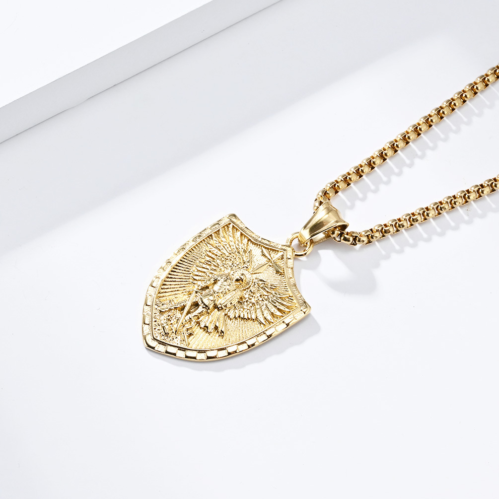 Kemstone Winged Shield Stainless Steel Pendant Necklace for Men – Vintage Relief Cross-Form Design K-PT515