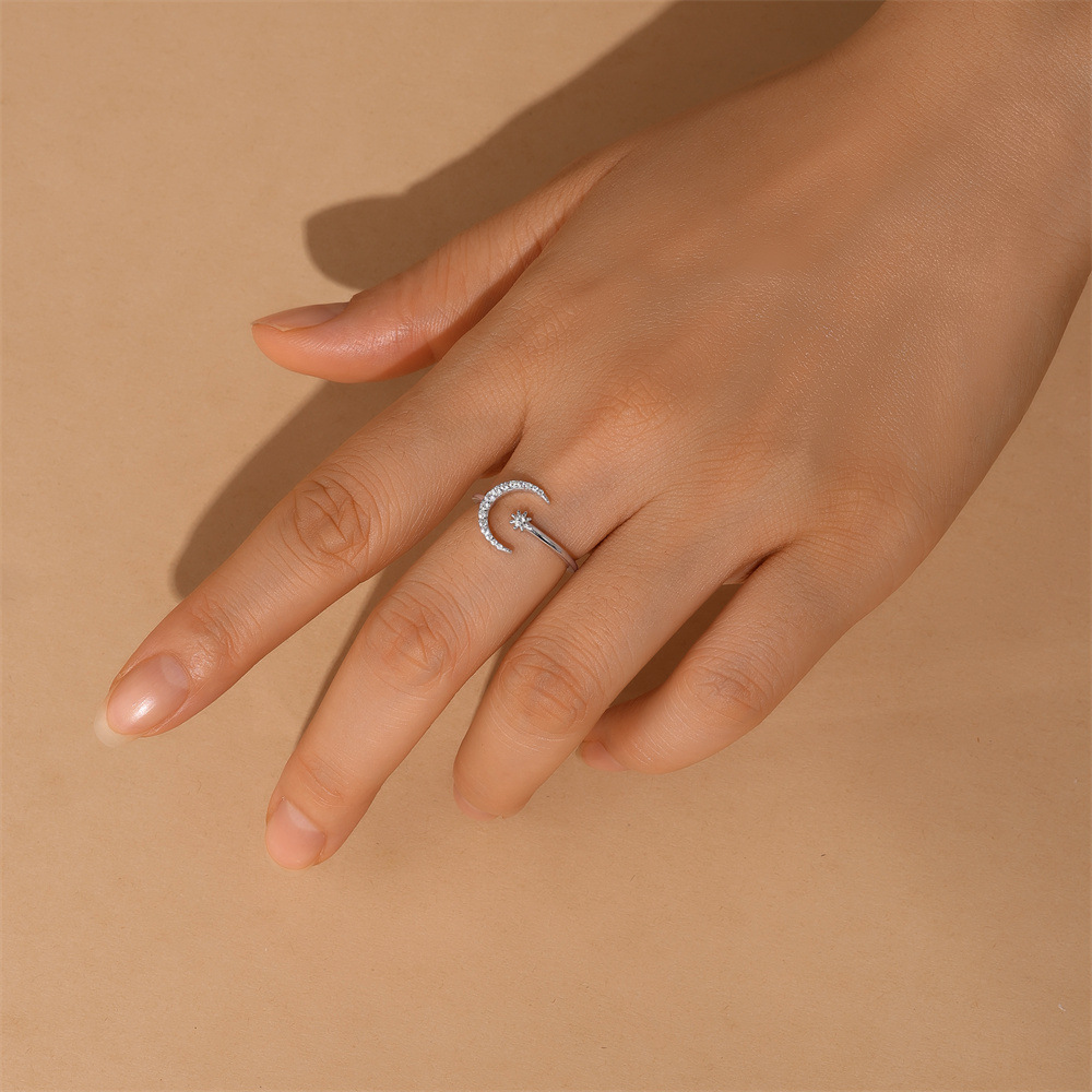 Kemstone S925 Sterling Silver Moon & Star Ring for Women – Adjustable Open Moissanite Stackable MG60100351904A