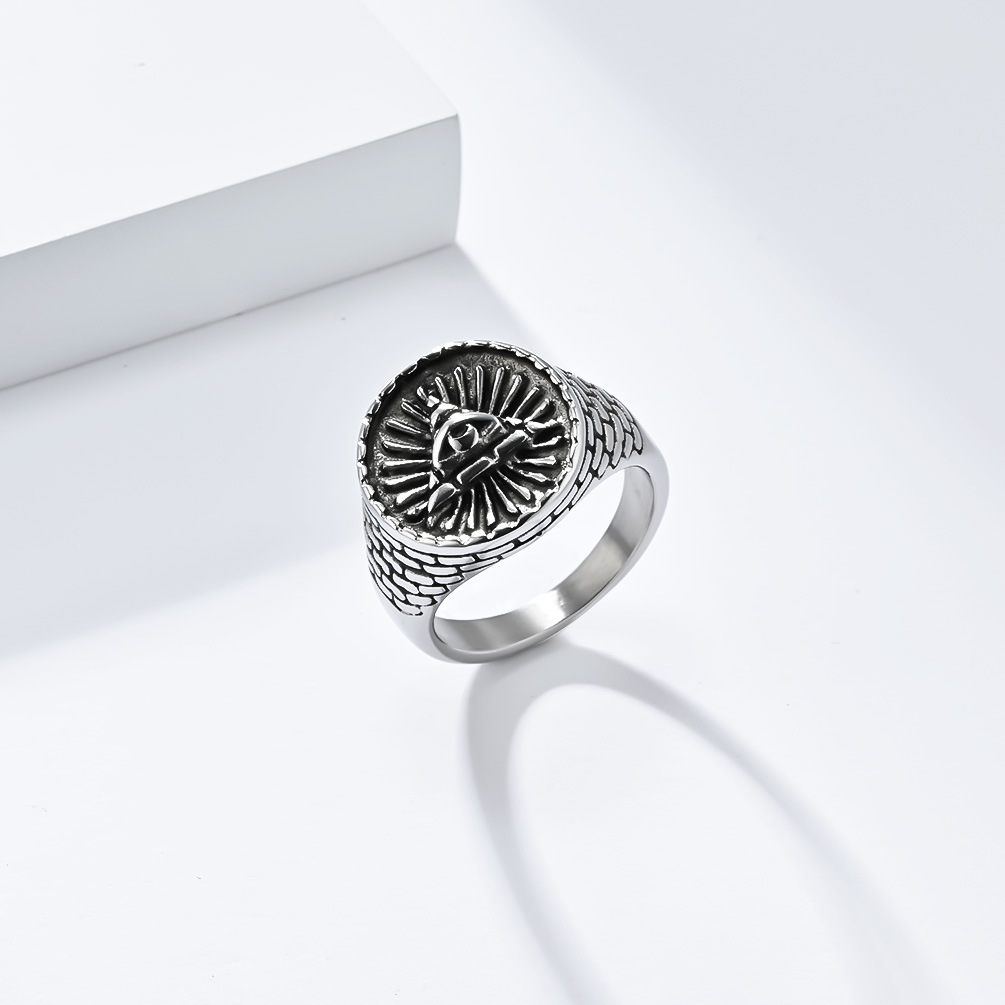 Kemstone Stainless Steel Triangle Eye Signet Ring for Men Vintage Textured K-R852