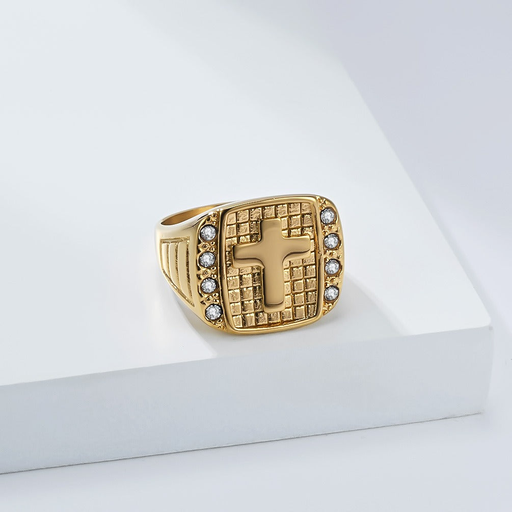 Kemstone Men’s Stainless Steel Cross Ring – CZ Inlaid Signet Jewelry K-R1078