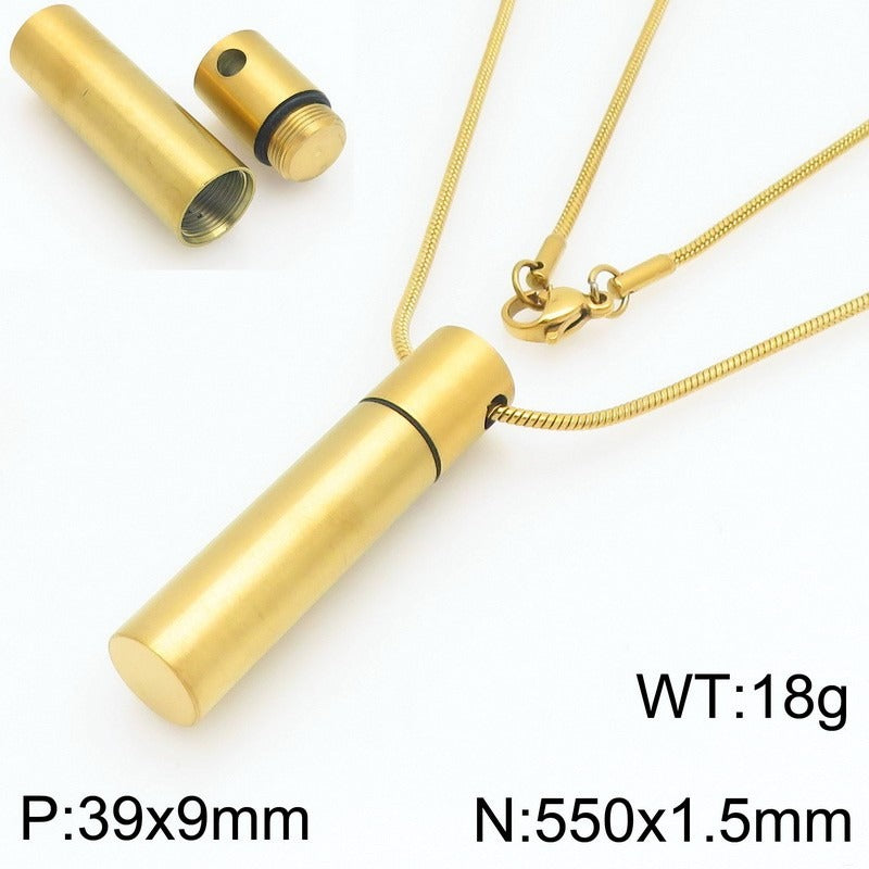 Kemstone Cylindrical Storage Necklace – Stainless Steel Screw-Cap Pendant for Men & Women KN299102-ZLA