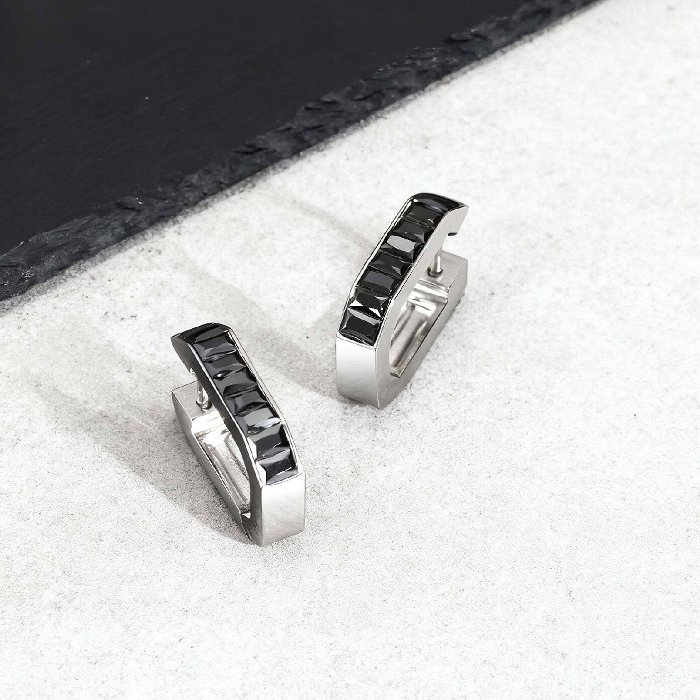 Kemstone Octagon Hoop Earrings for Men Stainless Steel Black Silver EH-802
