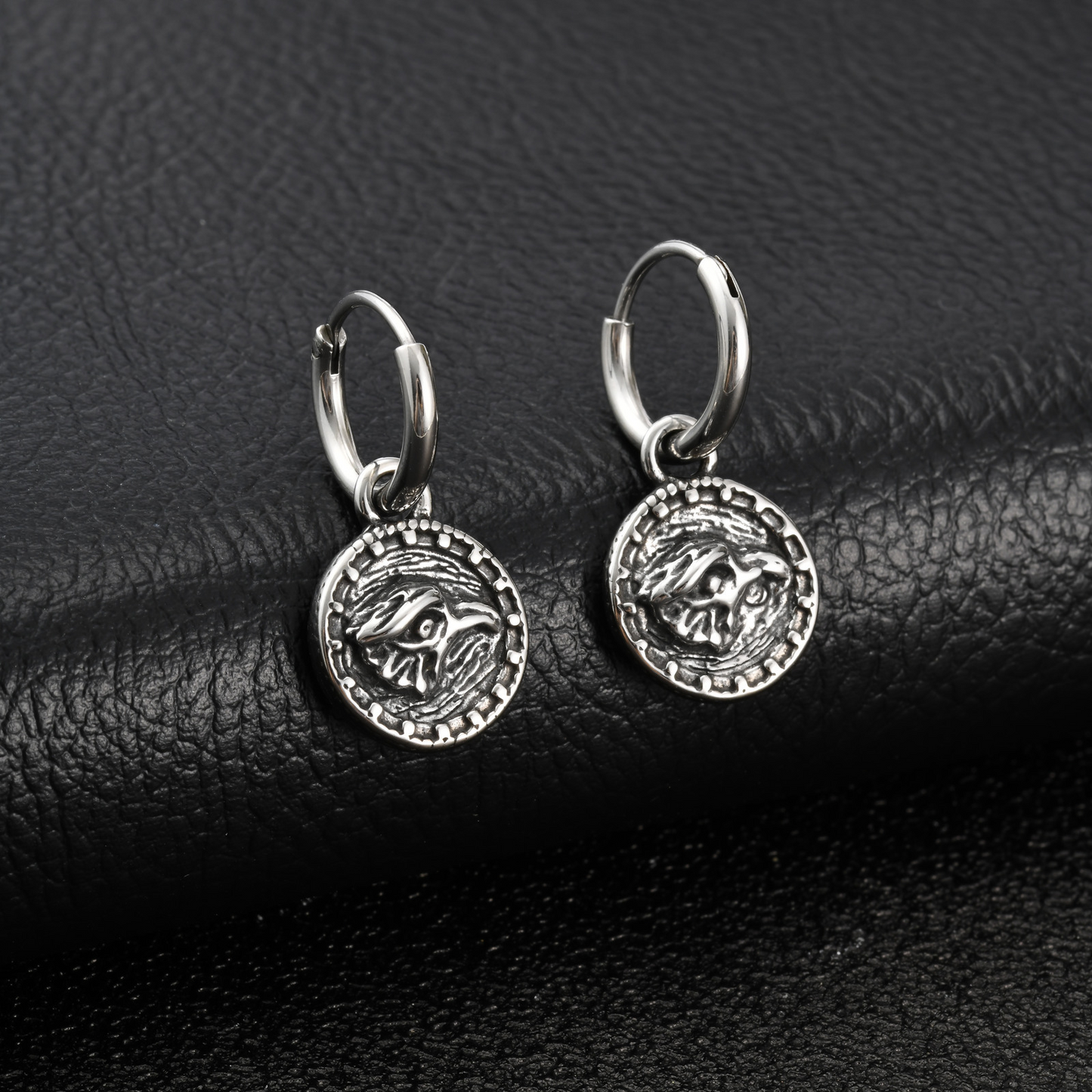 Kemstone Stainless Steel Tiger Coin Dangle Hoop Earring for Men Vintage ED-1085