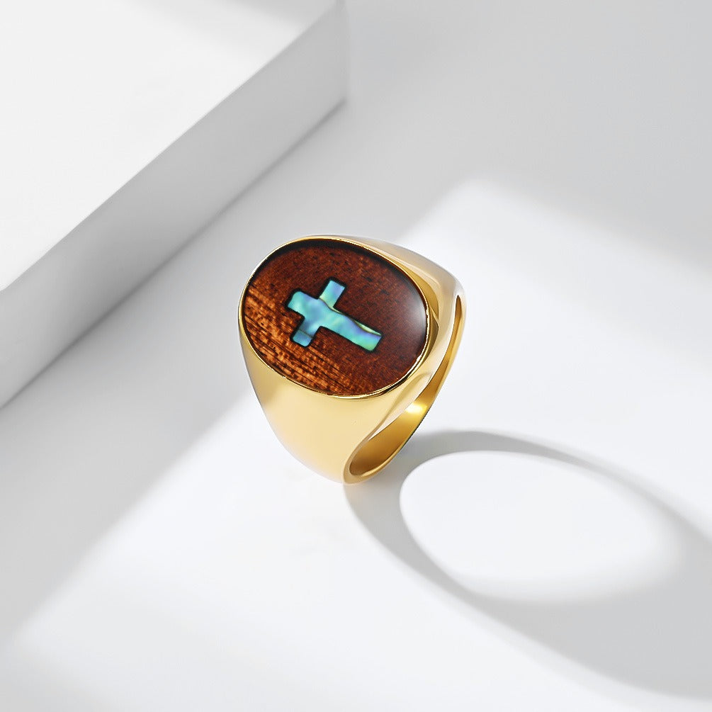 Kemstone Wood Inlay Cross Signet Ring for Men Stainless Steel Vintage K-R12390