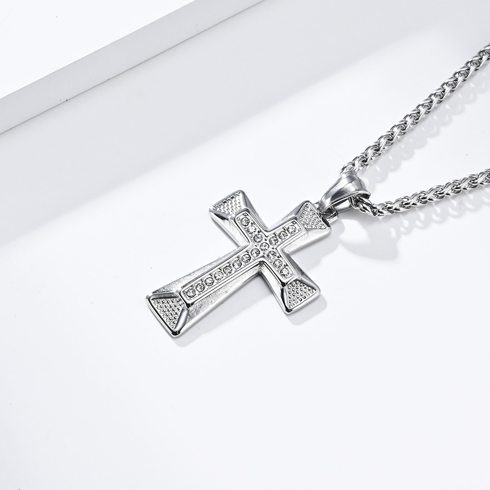 Kemstone Geometric Cross Pendant Necklace for Men Stainless Steel Stone Detail K-PT506