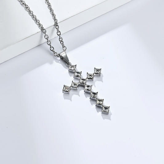 Kemstone Square Cubic Zirconia Cross Pendant Necklace for Men Stainless Steel K-PT502