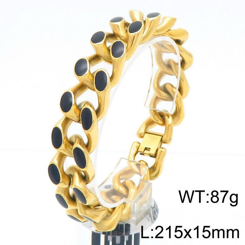 Kemstone Cuban Link Bracelet for Men Titanium Steel Black Inlay Chunky Heavy Chain Hip Hop Gold Silver KB202409-KJX