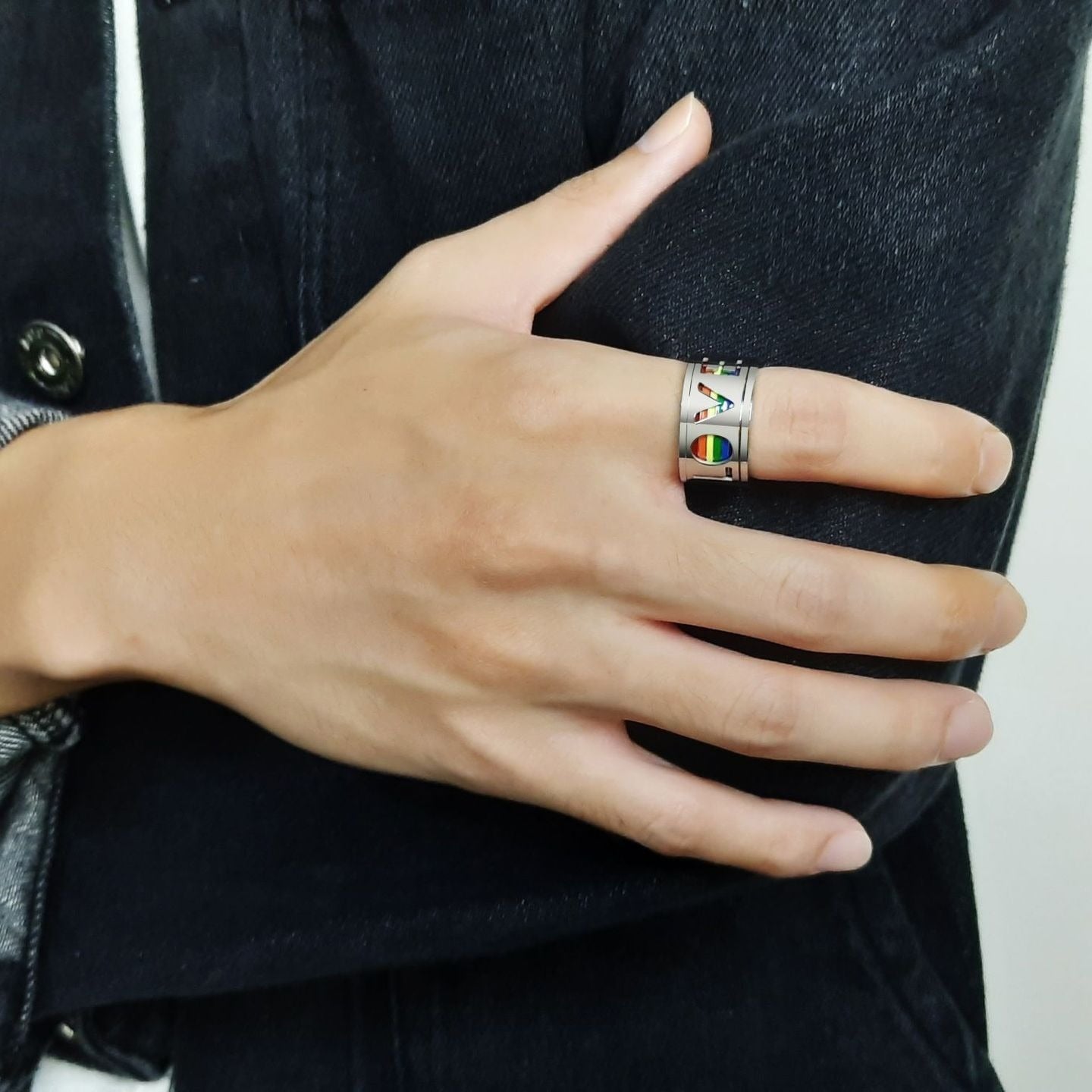 Kemstone Rotating Rainbow Inlay Stainless Steel Spinner Ring for Men – 11mm Band PR-029B