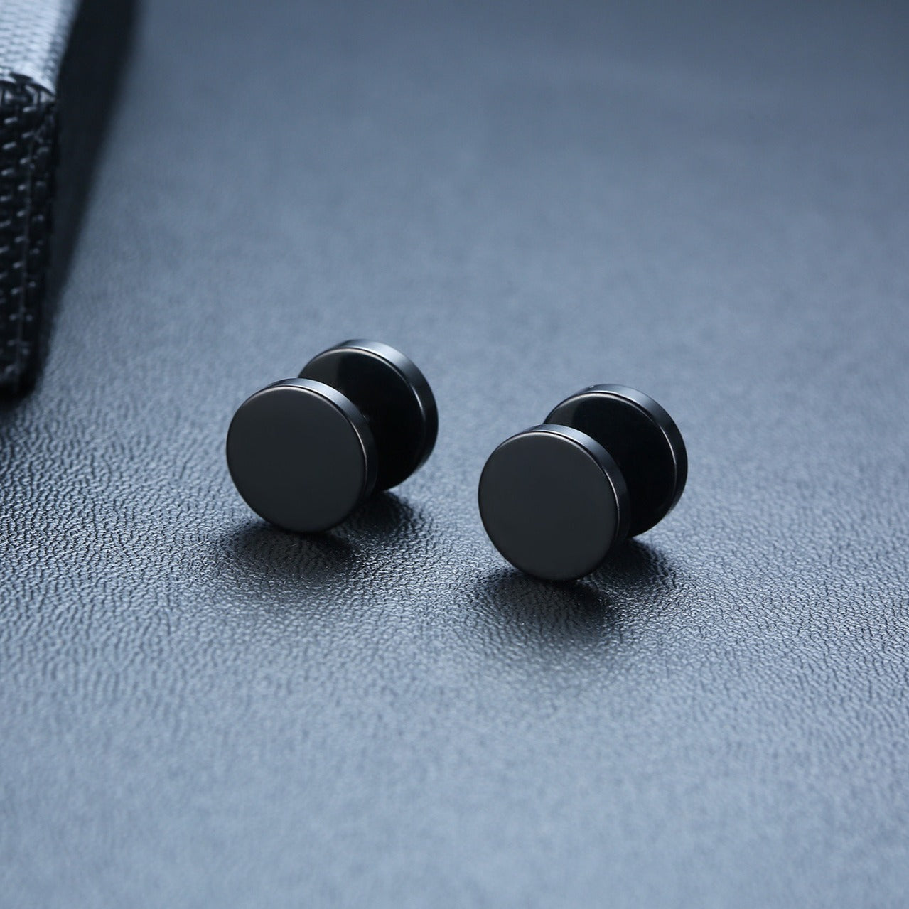 Kemstone Stud Earrings for Men Stainless Steel Round Stone Detail Black ES-302