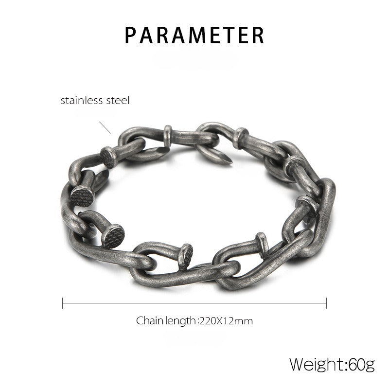 Pulsera de acero y titanio con cierre de gancho rústico Kemstone - Diseño de cadena con clavos desgastados para hombre, estilo minimalista KB146421
