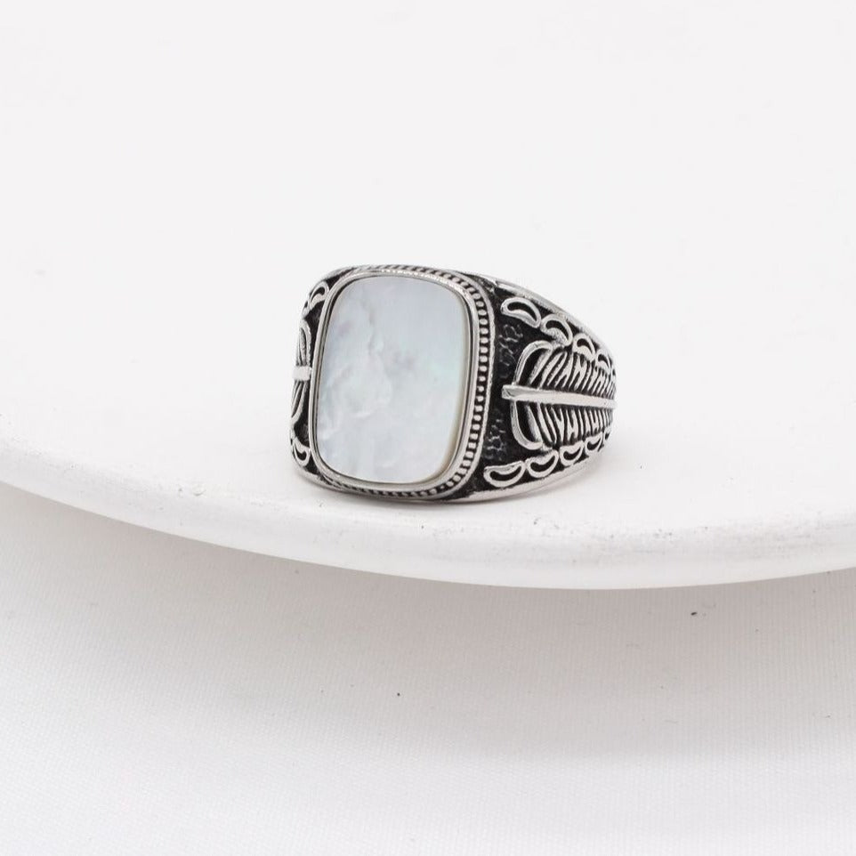 Kemstone Shell Signet Ring for Men Titanium Steel Feather Engraved R1207