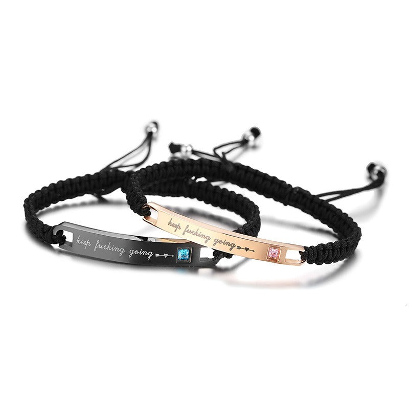 Kemstone Adjustable Couples Bracelet – Braided Rope & Stainless Steel with Zircon Accent CB-035