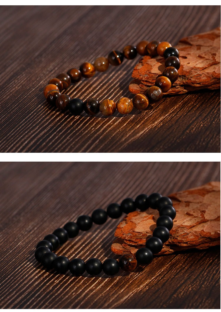 Kemstone Matte Black Agate & Golden Tiger's Eye Beaded Bracelet - Bohemian Style Handcrafted Jewelry for Everyday Wear KB109615