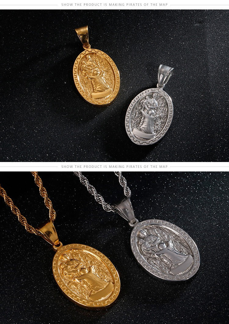 Kemstone Gothic Madonna Coin Pendant – Matte Alloy Necklace for Men with Vintage Religious Edge KP80836-Z