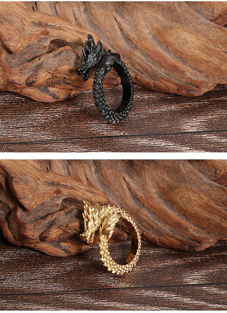 Kemstone Stainless Steel Bold Dragon Head Ring - Adjustable Open-End Ring for Men, Ethnic Retro Jewelry for Everyday Wear KR53285-K