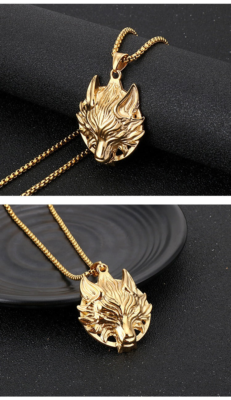 Kemstone Viking Wolf Head Pendant – Matte Stainless Steel Necklace for Men, Norse Punk Streetwear Jewelry KP81873