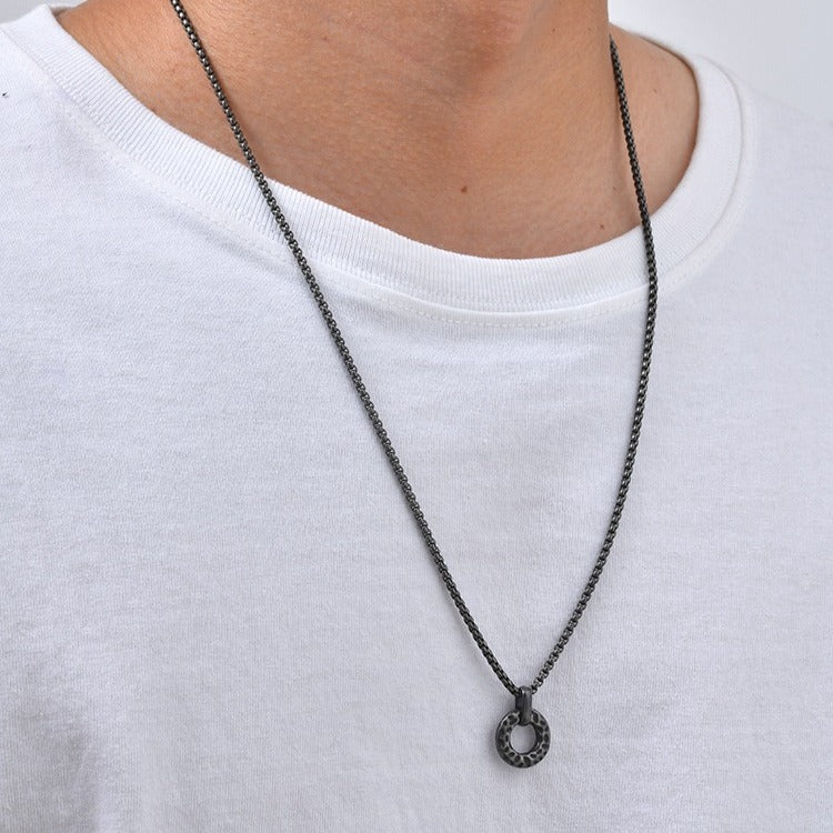 Kemstone Hammered Circle Pendant Necklace for Men Stainless Steel Vintage Gray NC-3011