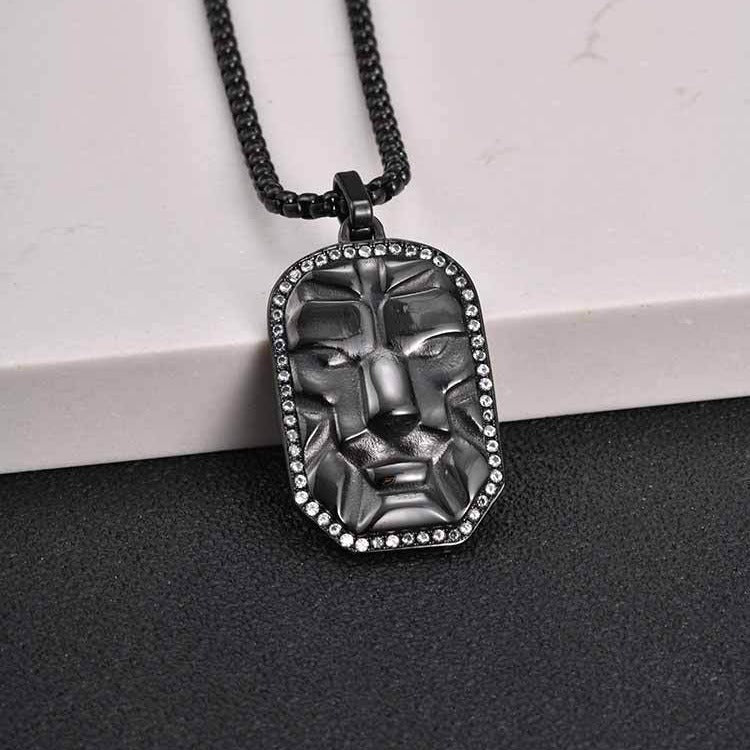 Kemston Face Pendant Necklace for Men Black Cubic Zirconia Leopard Stainless Steel Wild Identity PN-2350