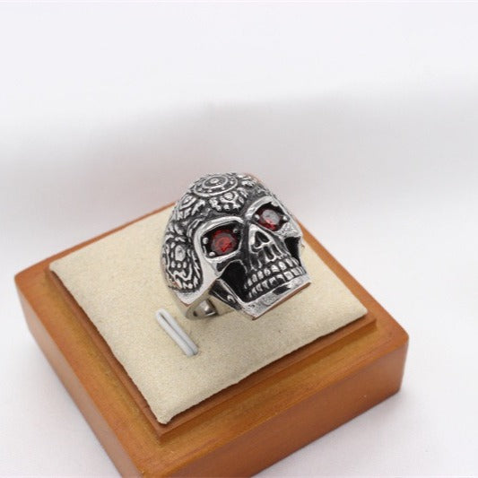 Kemstone Titanium Steel Skull Ring with Cubic Zirconia Eyes – Gothic Carved Design R1780