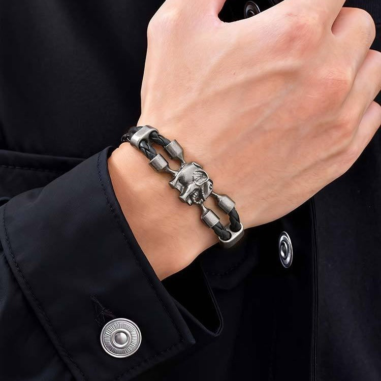 Kemstone Elephant Leather Bracelet Double Braided Black PU Cord with Alloy Clasp for Men BL-825
