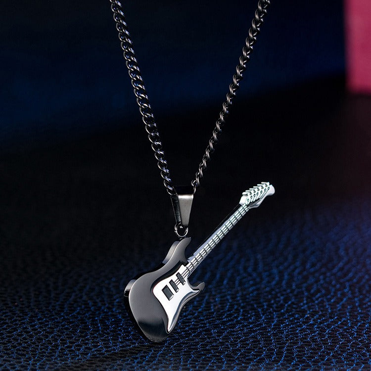 Kemstone Stainless Steel Electric Guitar Pendant Necklace for Men – 60cm Chain, Silver Gold Black K-PT147