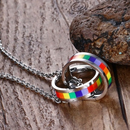 Kemstone Stainless Steel Double Ring Pendant Necklace for Men – Interlocking Color Enamel Bands PPN-006