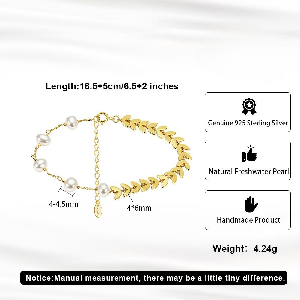 Kemstone 925 Sterling Silver Pearl Leaf Bracelet for Women Adjustable Chain Gold Silver GPB45