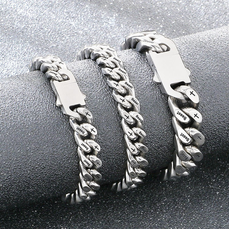 Kemstone Cuban Link Bracelet for Men Titanium Steel Cross Engraved Wide Chain Heavy Chunky Silver KB211839-ZCG