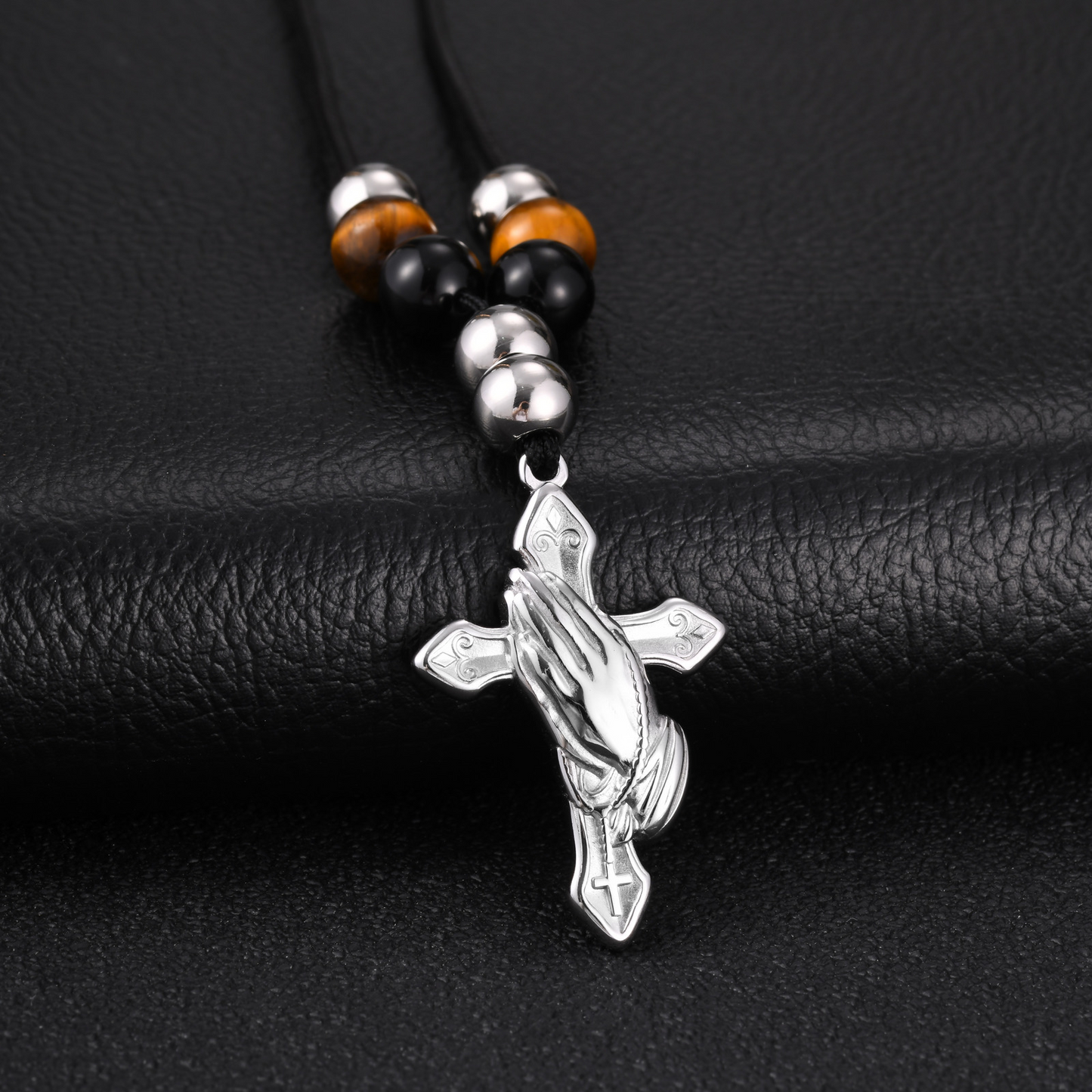 Kemston Beaded Cross Necklace for Men Black Onyx Tiger Eye Stainless Steel Adjustable Rope Pendant NC-2783
