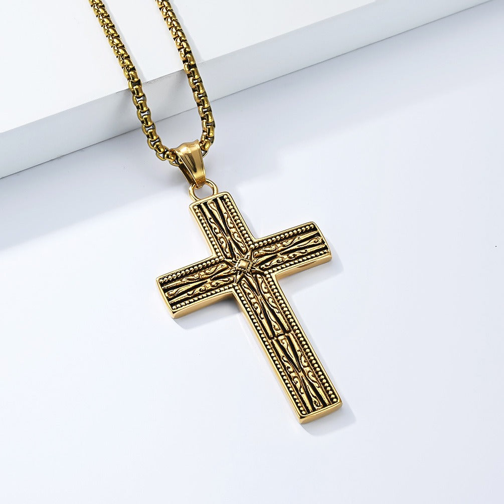 Kemstone Gothic Engraved Stainless Steel Cross Pendant Necklace for Men K-PT705