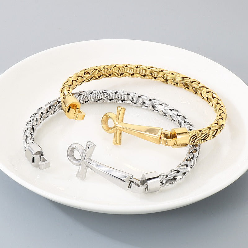 Kemstone Titanium Steel Braided Cuff Bracelet for Men Ankh Cross Clasp Gold Silver KB212793-KFC