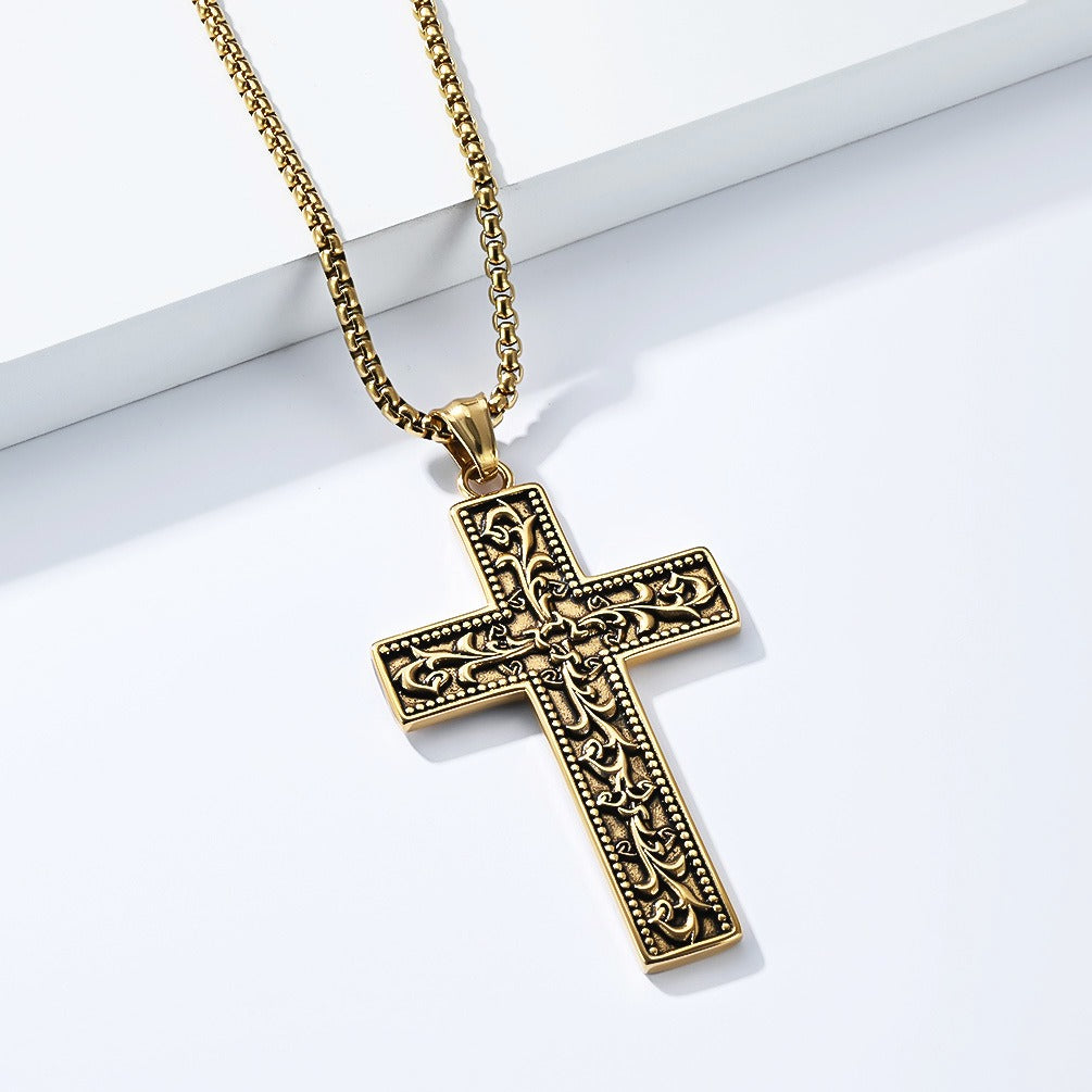 Kemstone Vintage Floral Engraved Cross Stainless Steel Pendant Necklace for Men K-PT703
