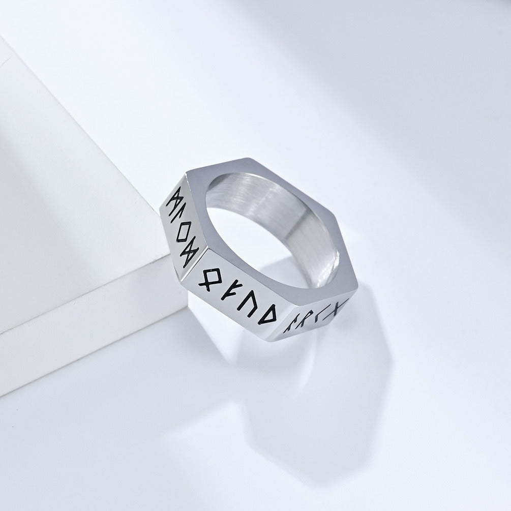 Kemstone Titanium Steel Rune Ring – Nordic Viking Hex Nut Design K-R703