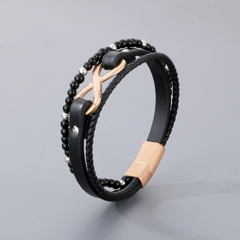 Kemstone Layered Leather Beaded Infinity Bracelet for Men Stainless Steel Clasp Wristband KB180750-JR