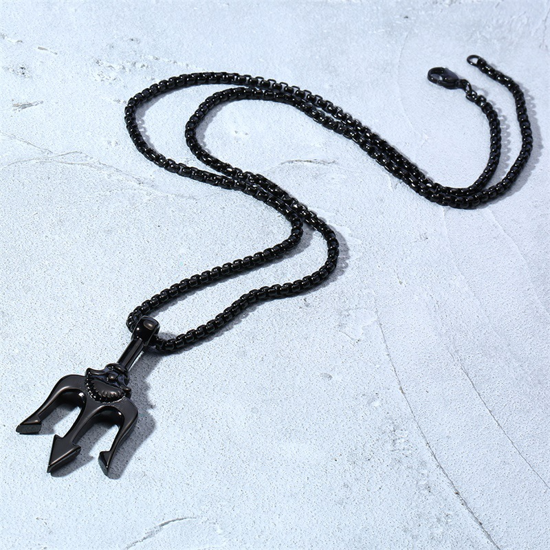 Kemstone Trident Pendant Necklace for Men Stainless Steel Vertical Symbol Gold Silver Black PN-1176